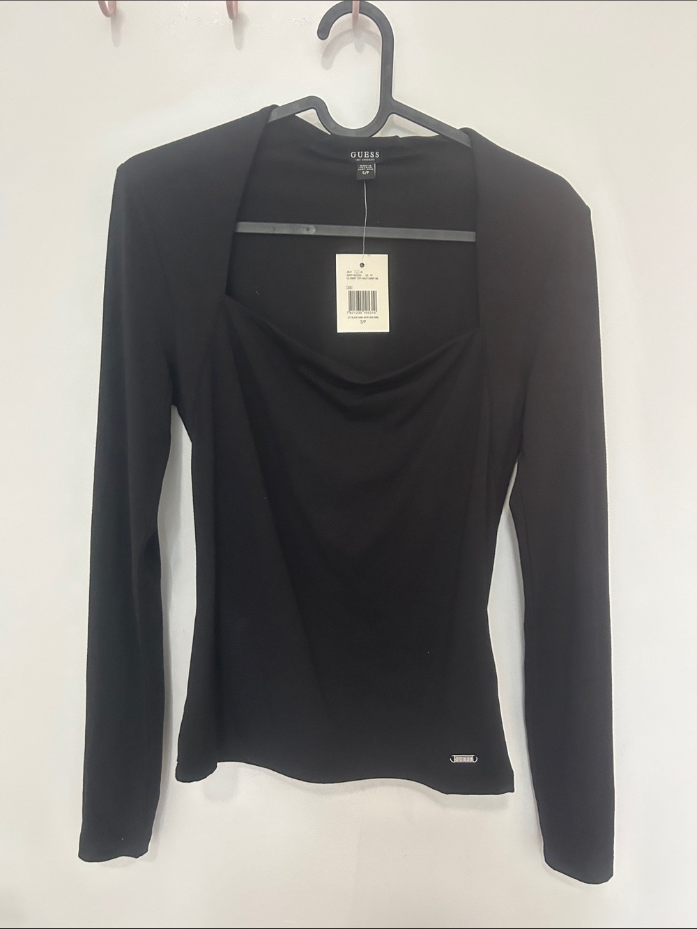 NWT GUESS Black Square Neck Draped Long Sleeve Top Fitted Date Night Tee/ Small